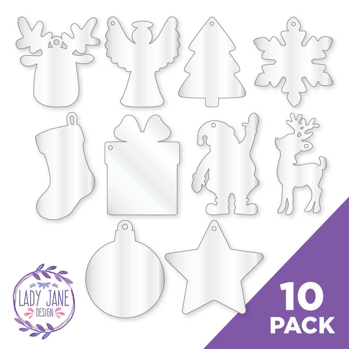 Christmas Acrylic Blank Shapes - 10 Pack (Assorted Shapes)